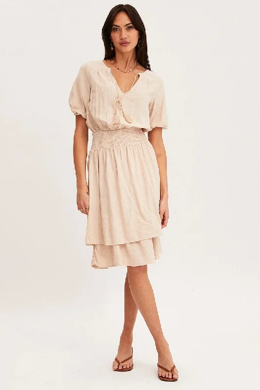 Beige Midi Dress Short Sleeve V Neck