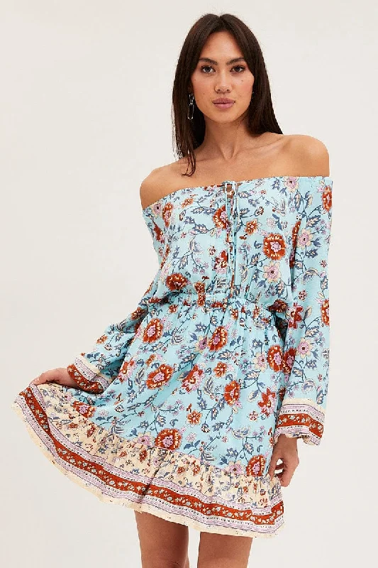 Boho Print Skater Dress Long Sleeve Mini