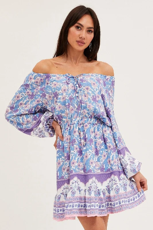 Boho Print Tie Waist Dress Long Sleeve Mini