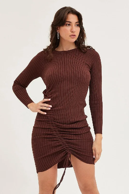 Brown Drawstring Dress Long Sleeve Mini