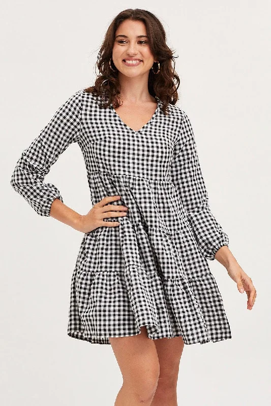 Check Skater Dress Long Sleeve Mini