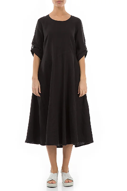 Flared A-Line Black Linen Dress