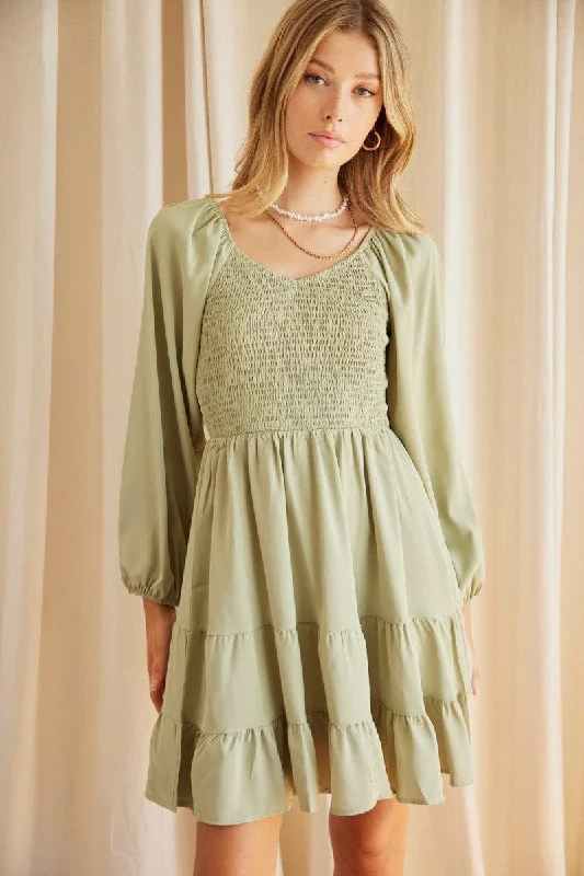 Green Shirred Dress Long Sleeve Mini