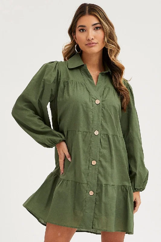 Green Tiered Dress Long Sleeve Mini