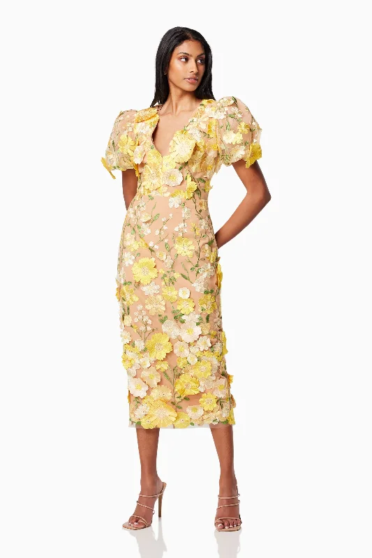 Indie 3D Floral Midi Dress In Yellow