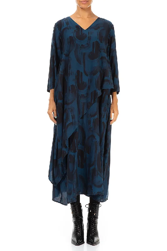 Layered V-Neck Navy Paintwave Silk Bamboo Dress