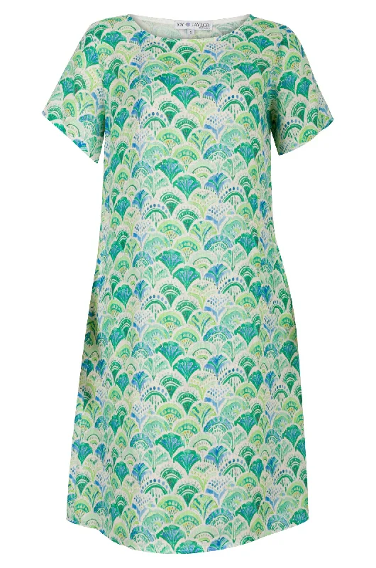 Made in Italy 100% Linen Dress | Lime Teal Fans | 0401A1