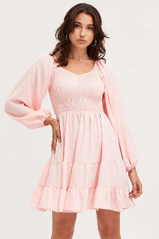 Pink Shirred Dress Long Sleeve Mini