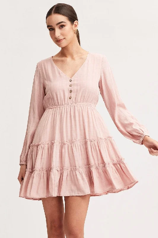 Pink Skater Dress Long Sleeve Mini