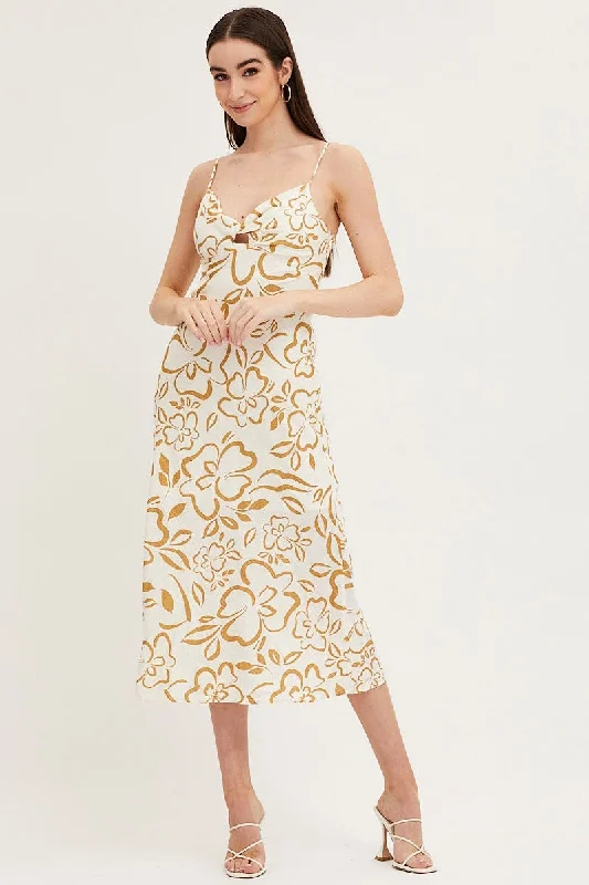 Print Linen Slip Midi Dress