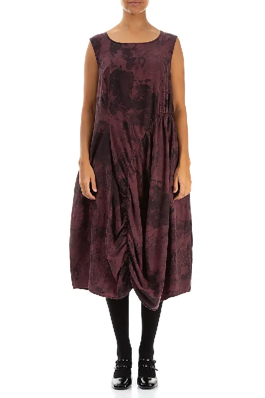 Sleeveless Draped Merlot Marble Silk Cotton Dress