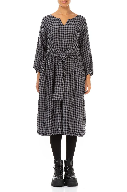 V-Neck Grey Check Linen Dress