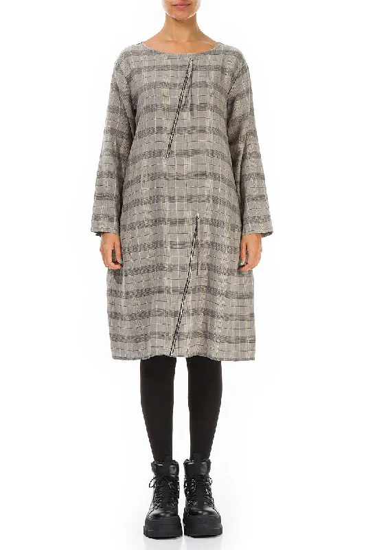 Zips Embellished Greige Check Linen Dress