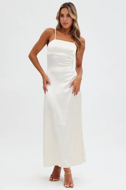 Beige Satin Straight Maxi Dress