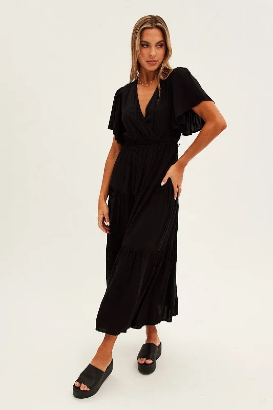 Black Maxi Dress Fluter Sleeve Tiered Hem