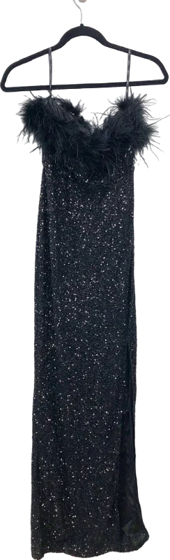 Club L London Black Feather Trim Sequin Maxi Dress UK 6