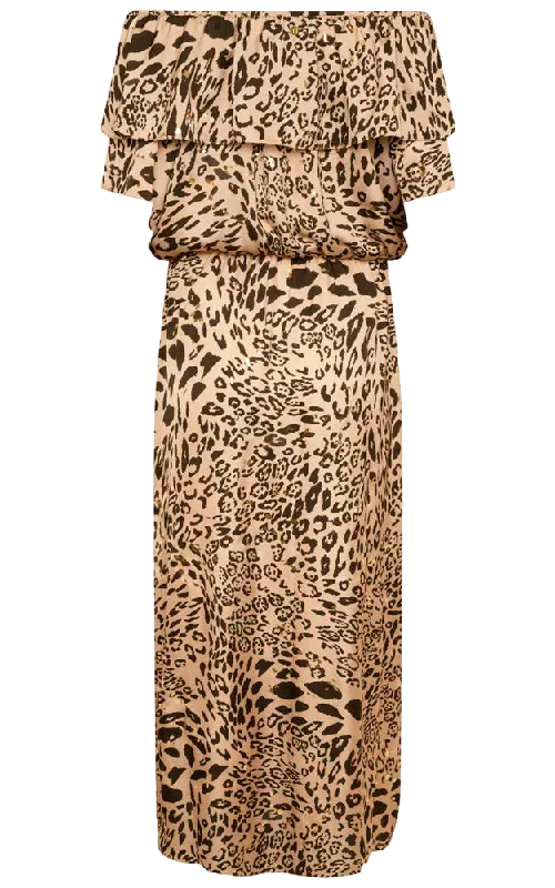 NAIA Leopard Halle Bardot Frill Maxi Dress Golden Leopard UK M