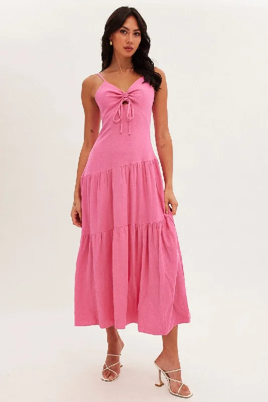 Pink Maxi Dress Sleeveless Tiered Linen Blend