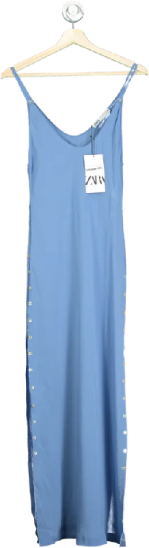 Zara Blue Button-Down Side Split Maxi Dress S