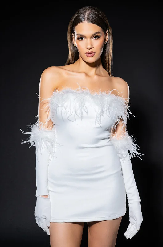 HOLLY FEATHER DETAIL STRAPLESS BODYCON DRESS WITH GLOVES