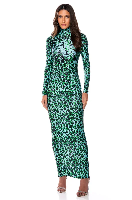 NALA ANIMAL PRINT LONG SLEEVE BODYCON MAXI DRESS