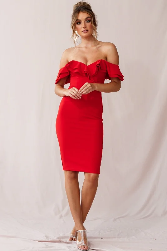 Rossi Ruffled Off The Shoulder Bodycon Dress Red