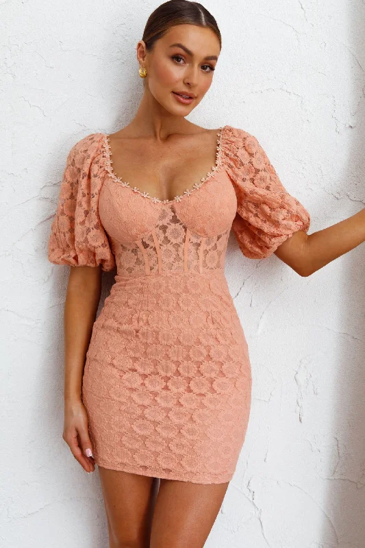 Secret Crush Puff Sleeve Floral Lace Bodycon Dress Peach