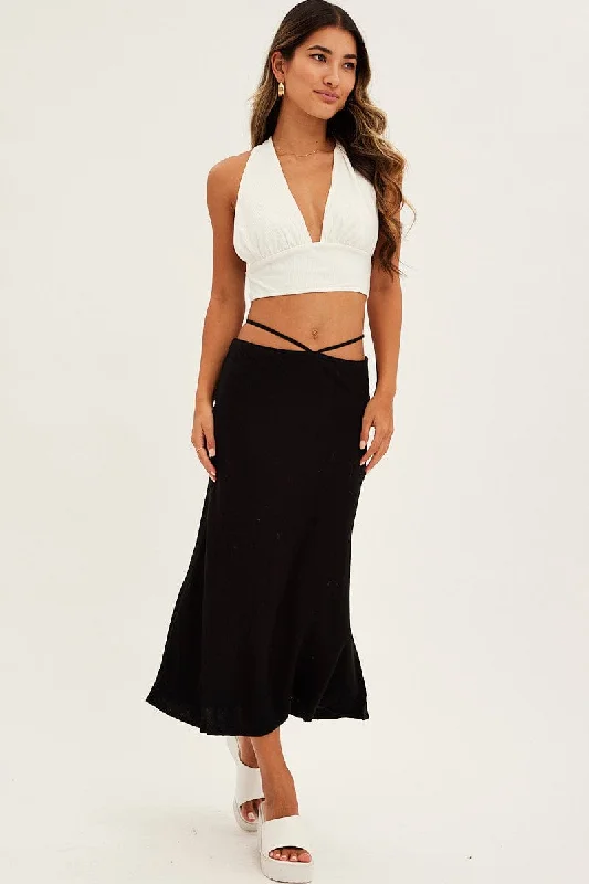 Black Linen Blend Waist Tie Slip Midi Skirt