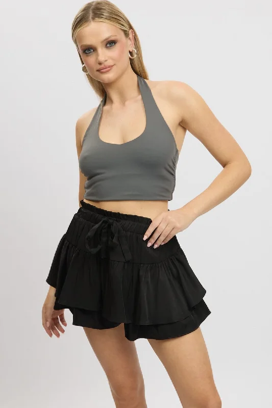 Black Skort Frilled Hem Elasticated Waist