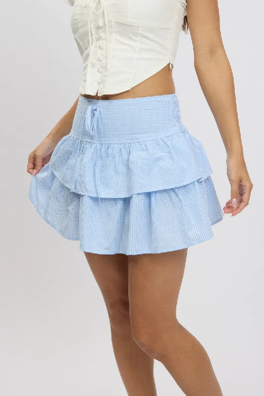 Blue Check Ruffle Mini Skirt High Rise Shirred Back Tiered