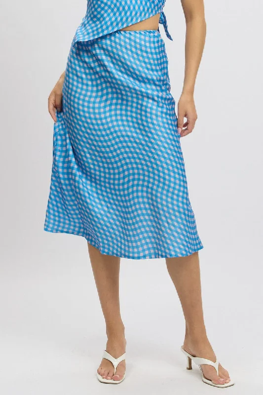 Blue Check Slip Skirt High Rise Elasticated Waistband Midaxi