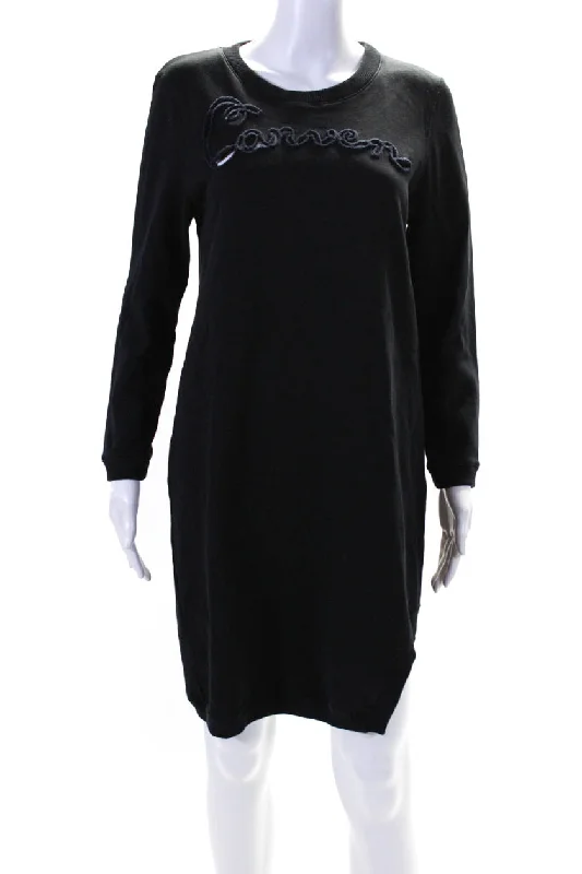 Carven Women Cotton Fleece Notched Hem Long Sleeve Sweatshirt Dress Black