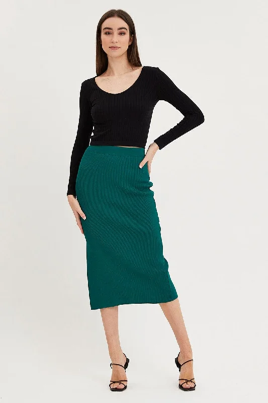 Green Knit Skirt Midi Side Split