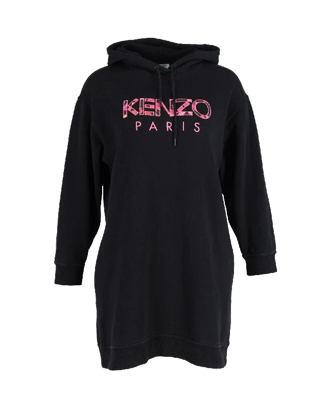 Kenzo Paris Peony Logo Embroidered Hooded Sweatshirt Dress in Black Cotton