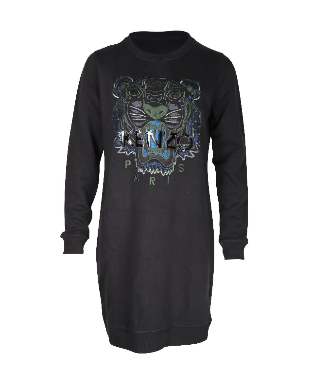 Kenzo Tiger Embroidered Sweatshirt Dress in Black Cotton