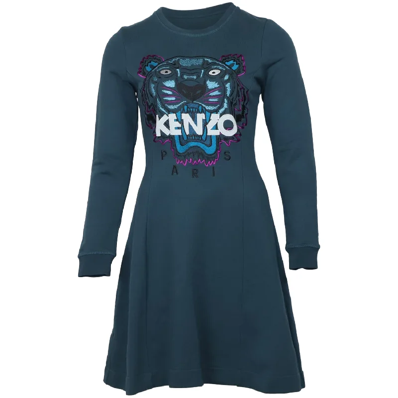 Kenzo Tiger Motif Embroidered Long Sleeve Sweatshirt Dress in Teal Cotton