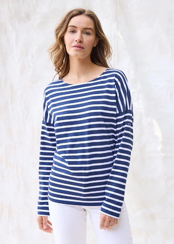 MINQUIERS DROP II - Drop-Shoulder Breton Striped Shirt | Soft Cotton | Straight Fit (NAVY / WHITE)