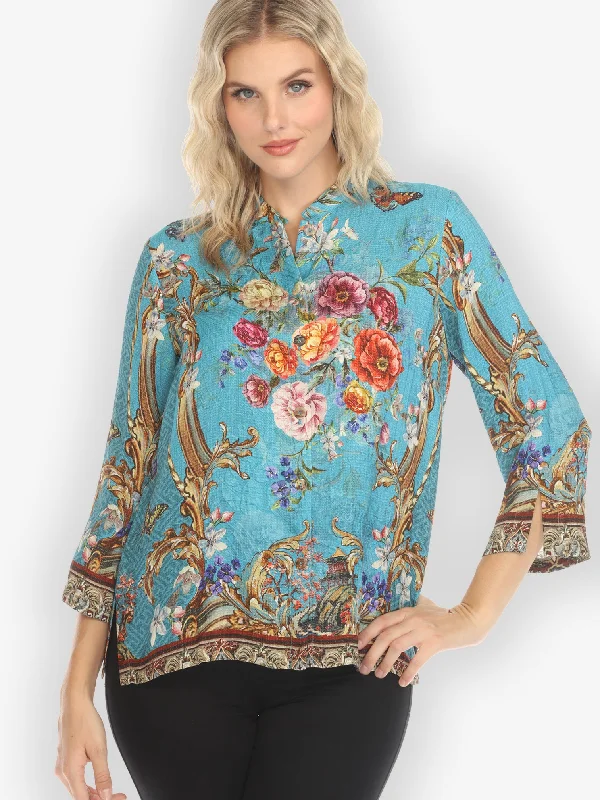 Baroque Garden in Blue Silk Blend Blouse