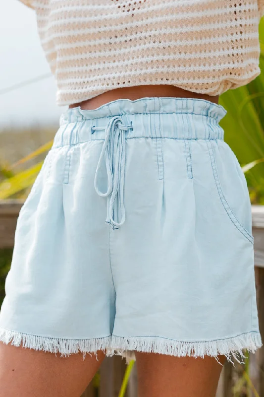 Finally Here Light Wash Chambray Frayed Hem Shorts