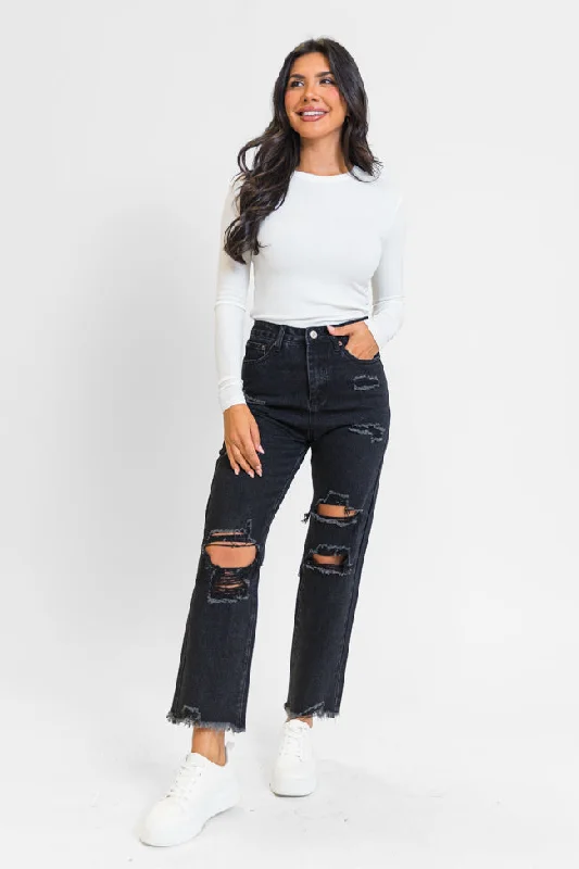 Megan Black Wash Distressed Straight Leg Mom Jeans