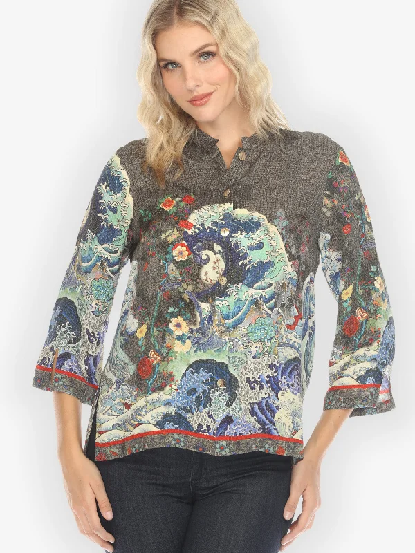 Waves Art in Dark Gray Silk Blouse