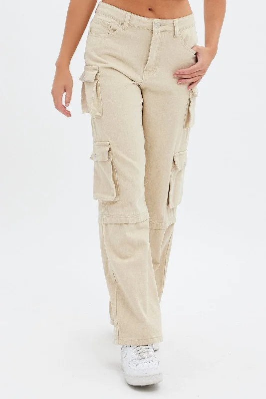 Beige Cargo Denim Jeans High rise