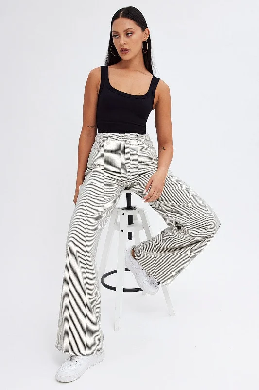 Grey Stripe Wide Leg Jeans High Rise