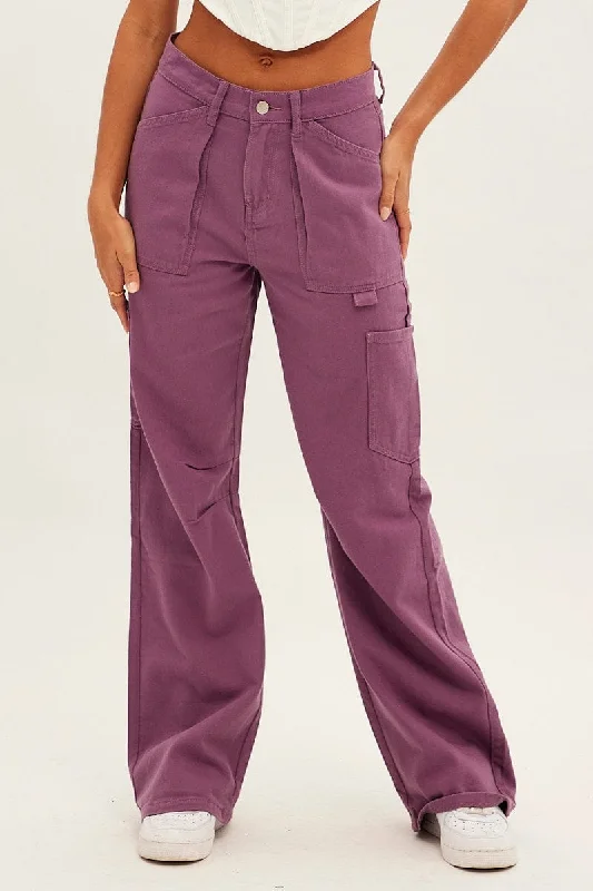 Purple Cargo Jeans Mid Rise