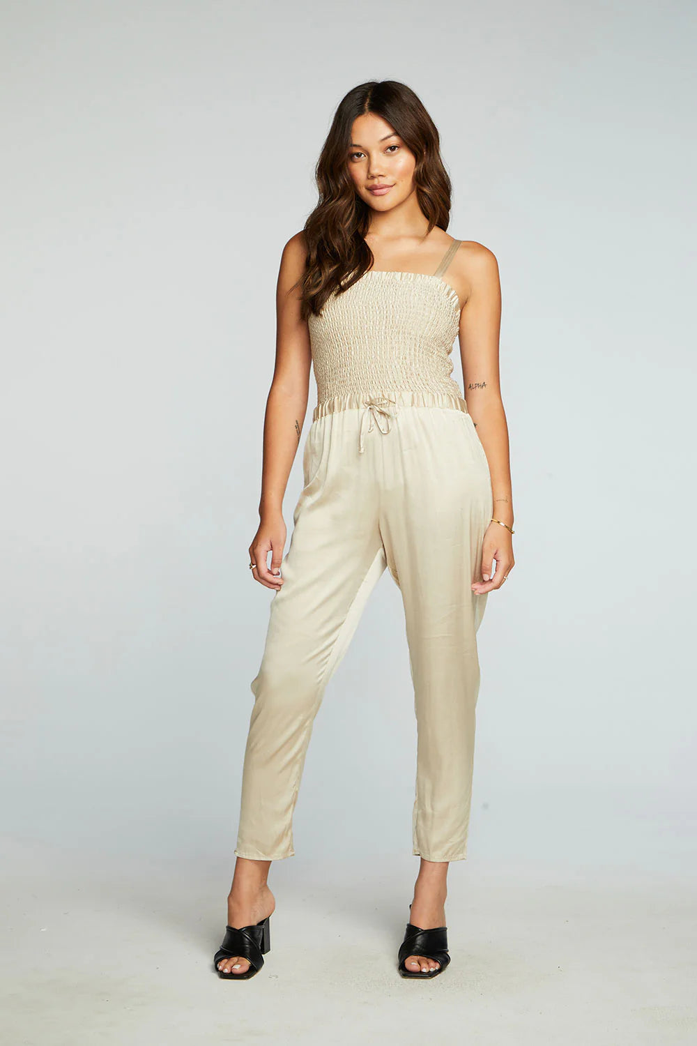 Stretch Silky Smocked Jumpsuit - Bark