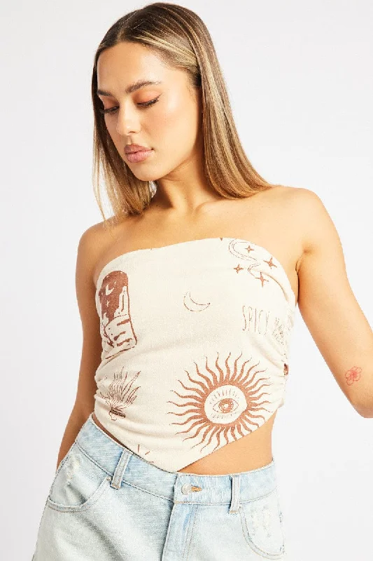 Beige Abstract Scarf Top Boob Tube Shirred Back