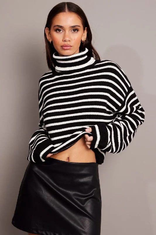 Black Stripe Knit Top Long Sleeve High Neck