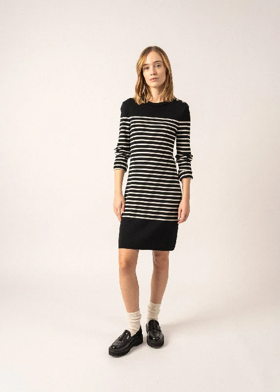 Grande Marée striped jumper dress - in wool, shoulder buttoning (NOIR/ECUME)