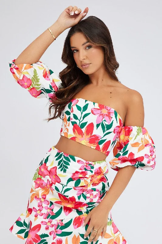 Multi Floral Crop Top Balloon Sleeve Corset Top