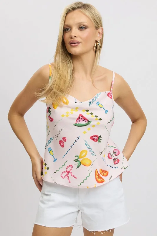 Pink Abstract Cami Top Sleeveless Cowl Neck